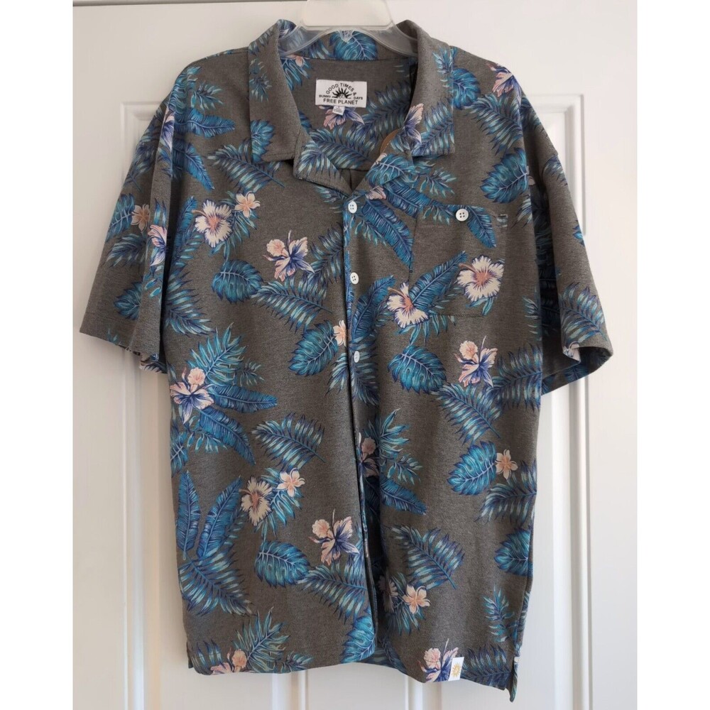 Men’s Good Times Free Planet Floral Hawaiian Button Up Grey Shirt Large NWT